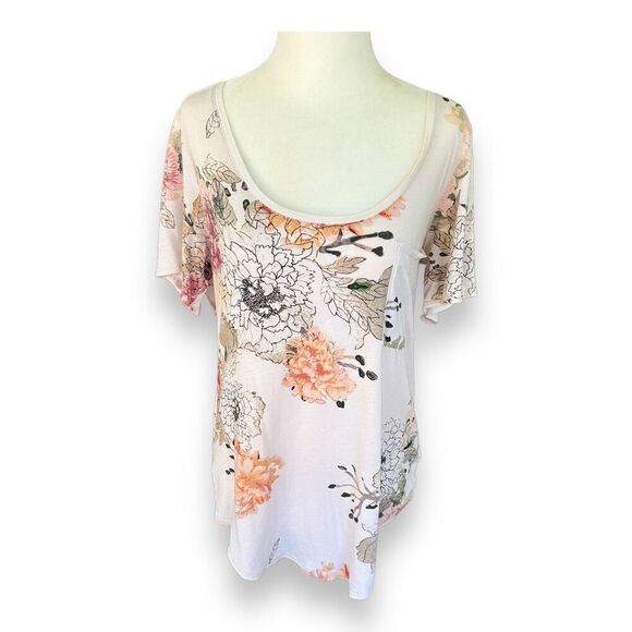 Aritzia Babaton Floral Top T-shirt Tee Peach Cream Brown Scoop Neck Size Medium - Picture 1 of 10